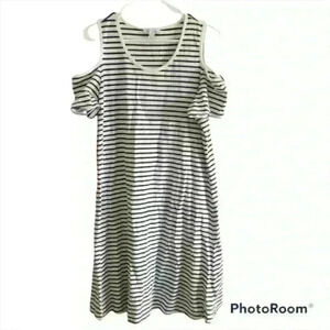 Denim & Company navy & white striped tank top dress w/ off the shoulder sz large